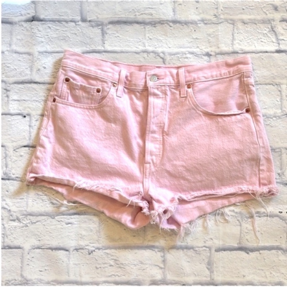 Levi’s 501 Premium Denim Pink Jean Shorts High Rise Button Fly Cut Offs Size 32